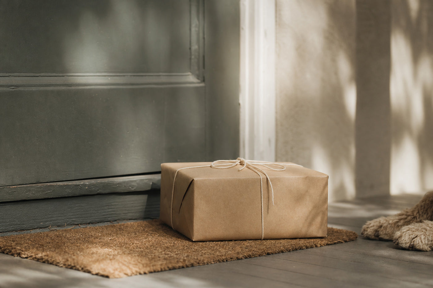 A parcel wrapped in kraft paper and twine on a doormat by a front door
