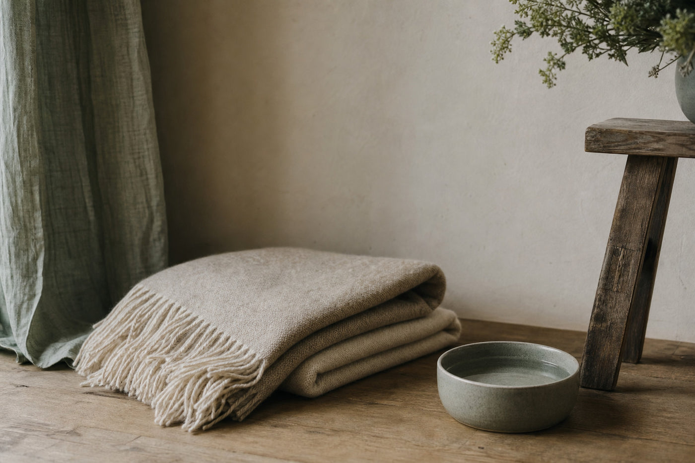 A folded wool blanket and a ceramic water bowl in a quiet corner of a home
