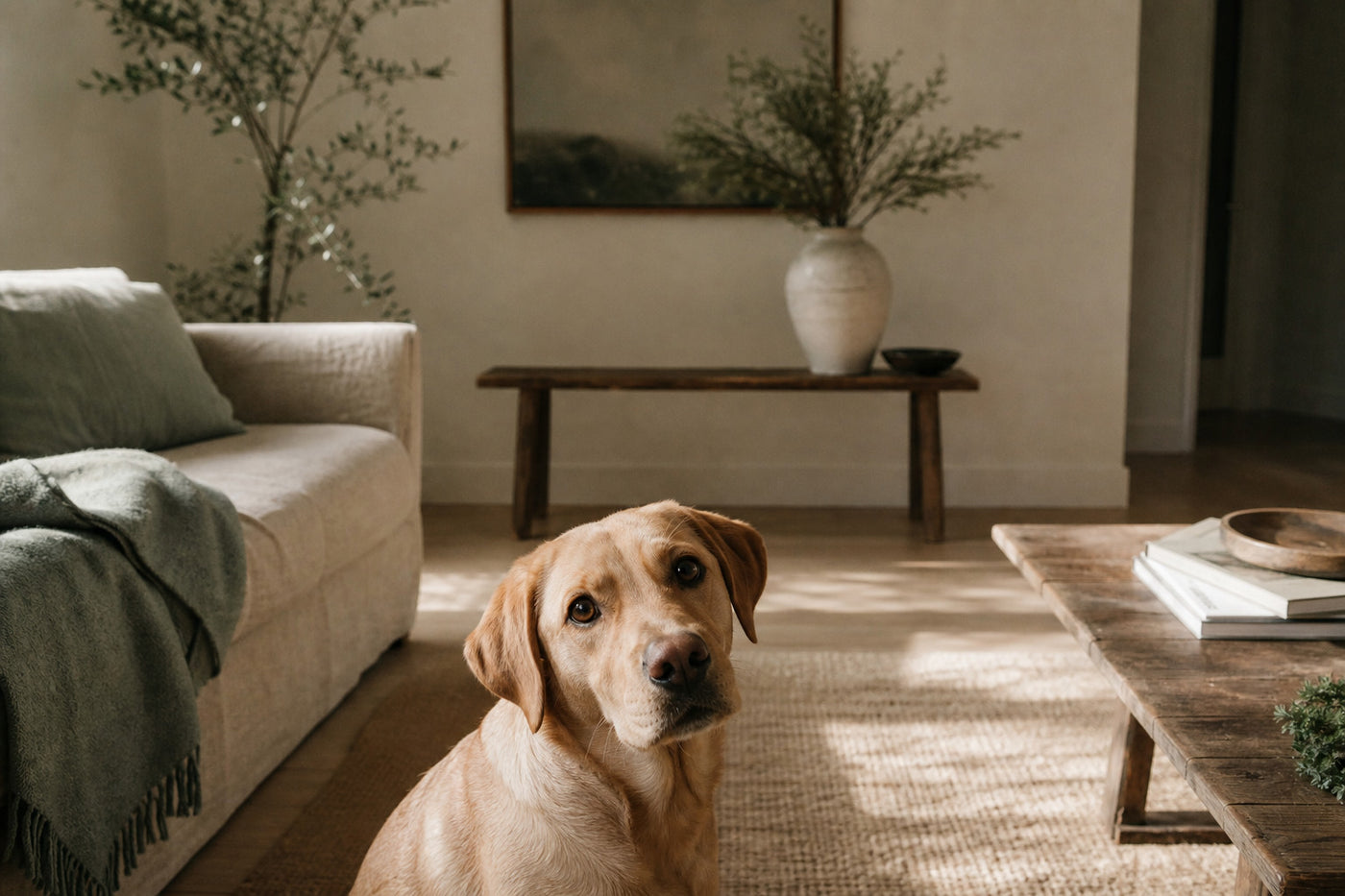 A calm dog looking up in a warm, minimal living room