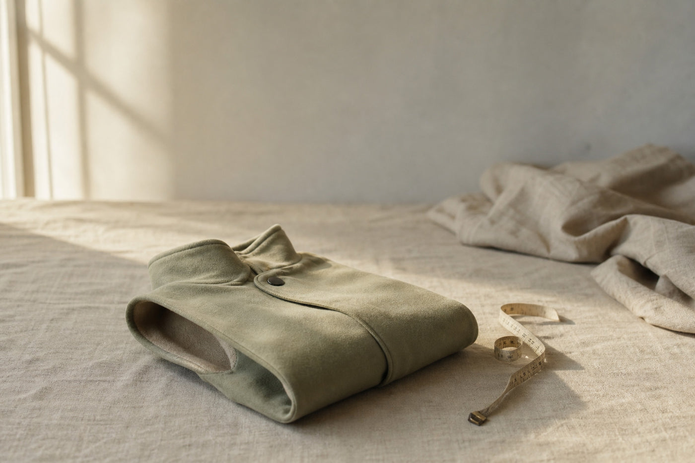 A folded piece of Ikki dog outerwear beside a measuring tape on linen